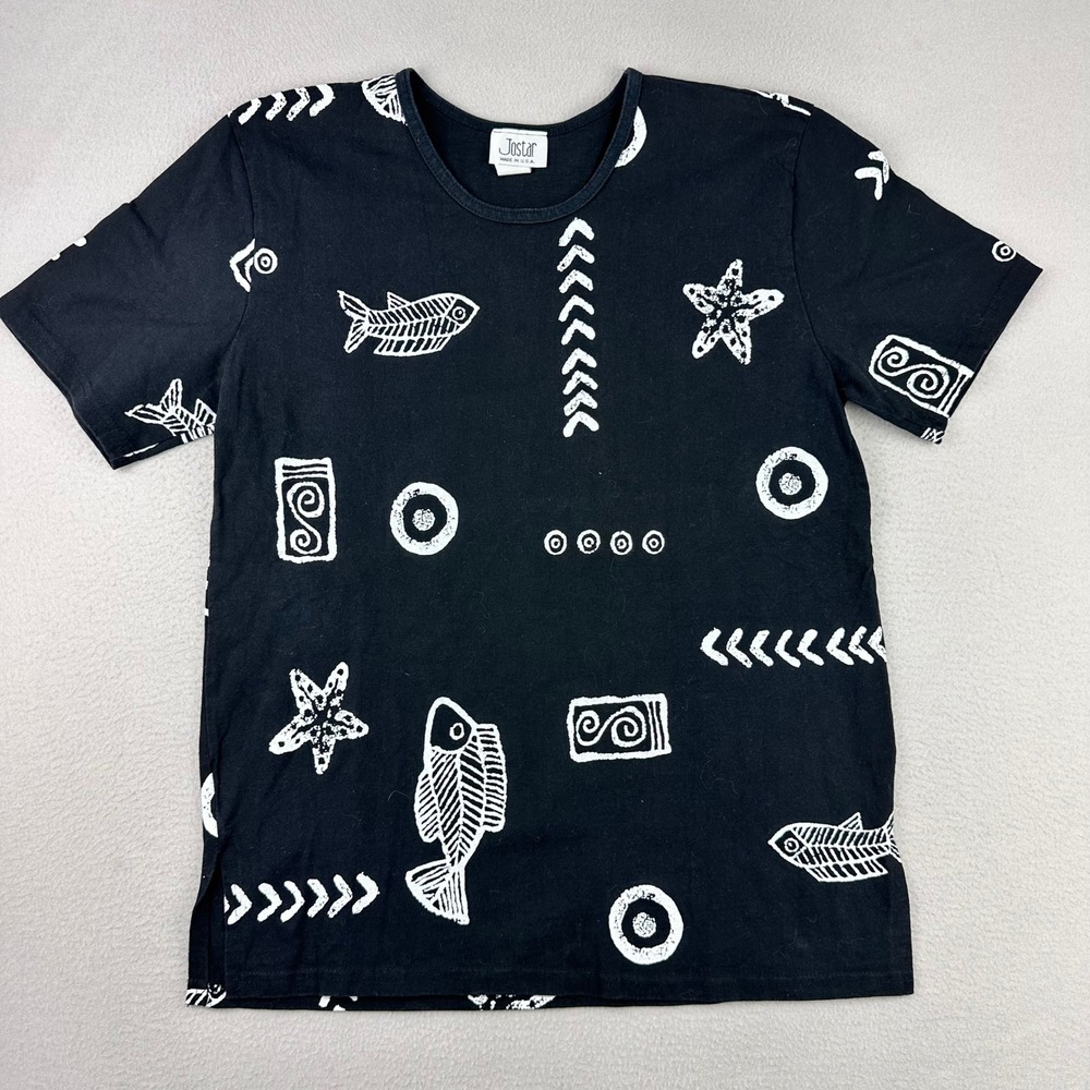 VTG Jostar Fish Starfish‎ T-Shirt Women L Black Nautical Short Sleeve Lagenlook